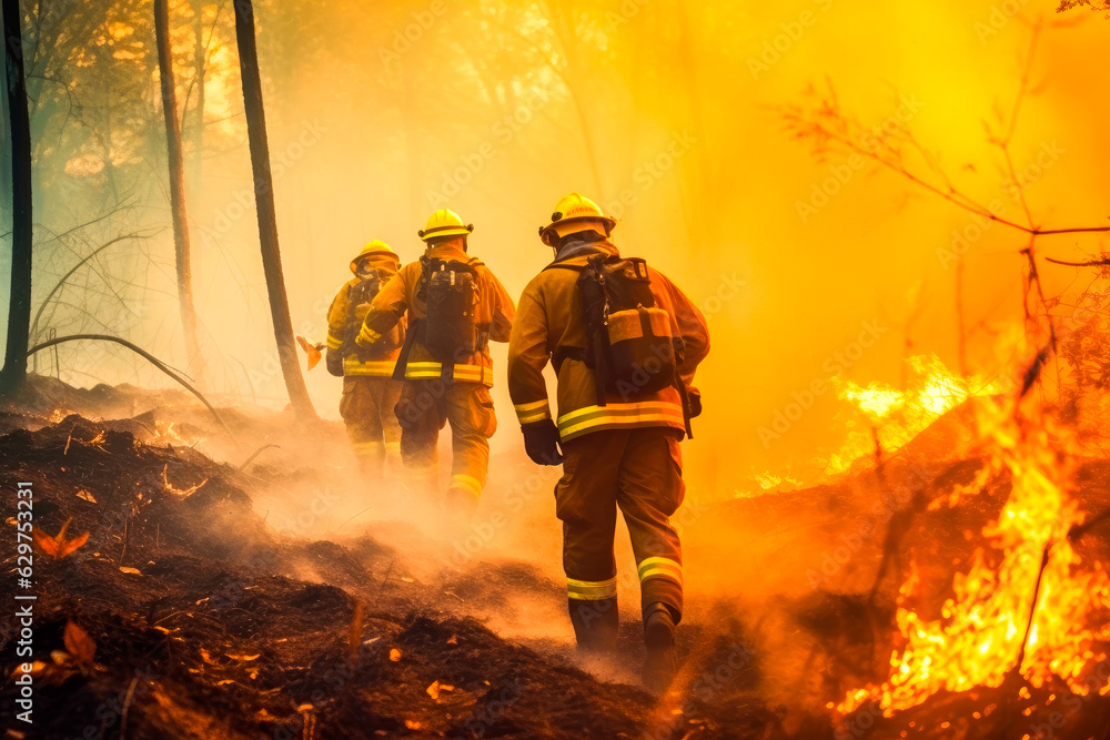 Firefighters trying to put out a forest fire, firefighters fighting with grass and bush fires Firefighters trying to put out a forest fire, firefighters fighting with grass and bush fires