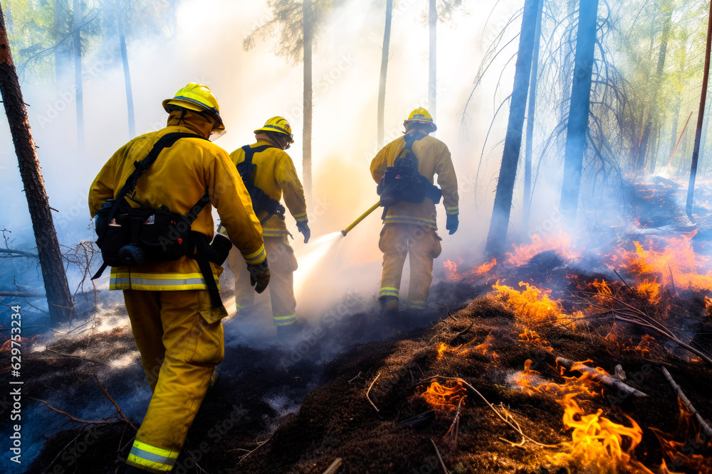 Fototapeta premium Firefighters trying to put out a forest fire, firefighters fighting with grass and bush fires