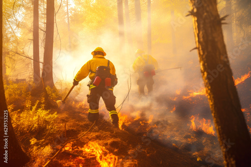 Firefighters trying to put out a forest fire, firefighters fighting with grass and bush fires