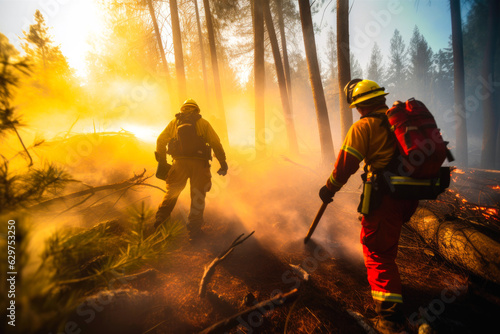 Firefighters trying to put out a forest fire, firefighters fighting with grass and bush fires