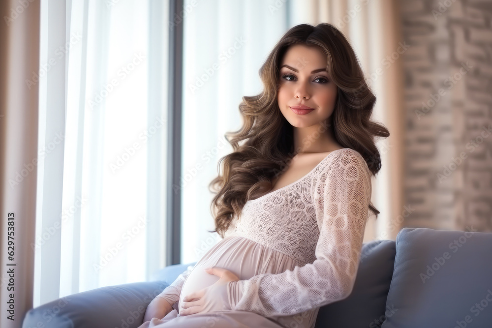 Beautiful pregnant woman hugging her tummy at home Beautiful pregnant woman hugging her tummy at home