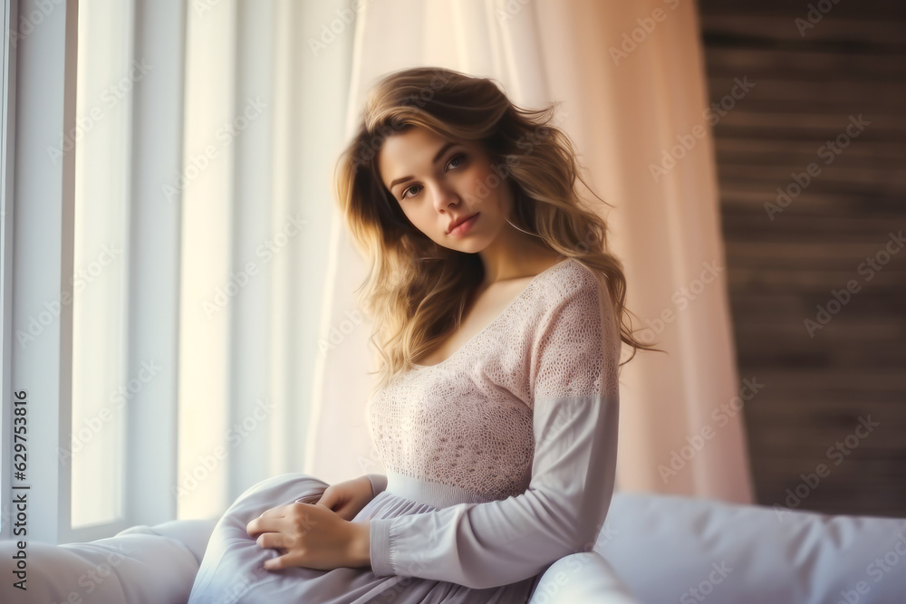 Beautiful pregnant woman hugging her tummy at home Beautiful pregnant woman hugging her tummy at home