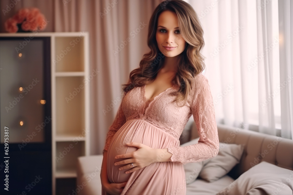 Beautiful pregnant woman hugging her tummy at home Beautiful pregnant woman hugging her tummy at home