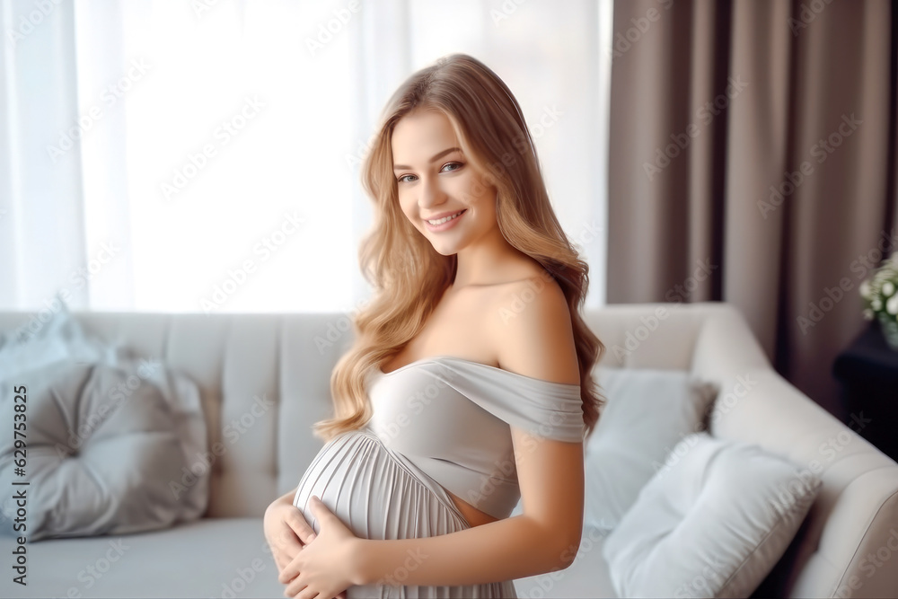 Beautiful pregnant woman hugging her tummy at home Beautiful pregnant woman hugging her tummy at home