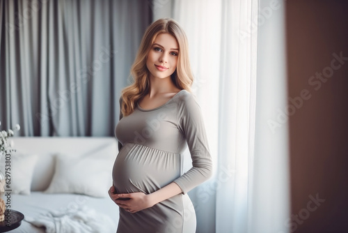 Free Download Beautiful pregnant woman hugging her tummy at home - GFXLoad