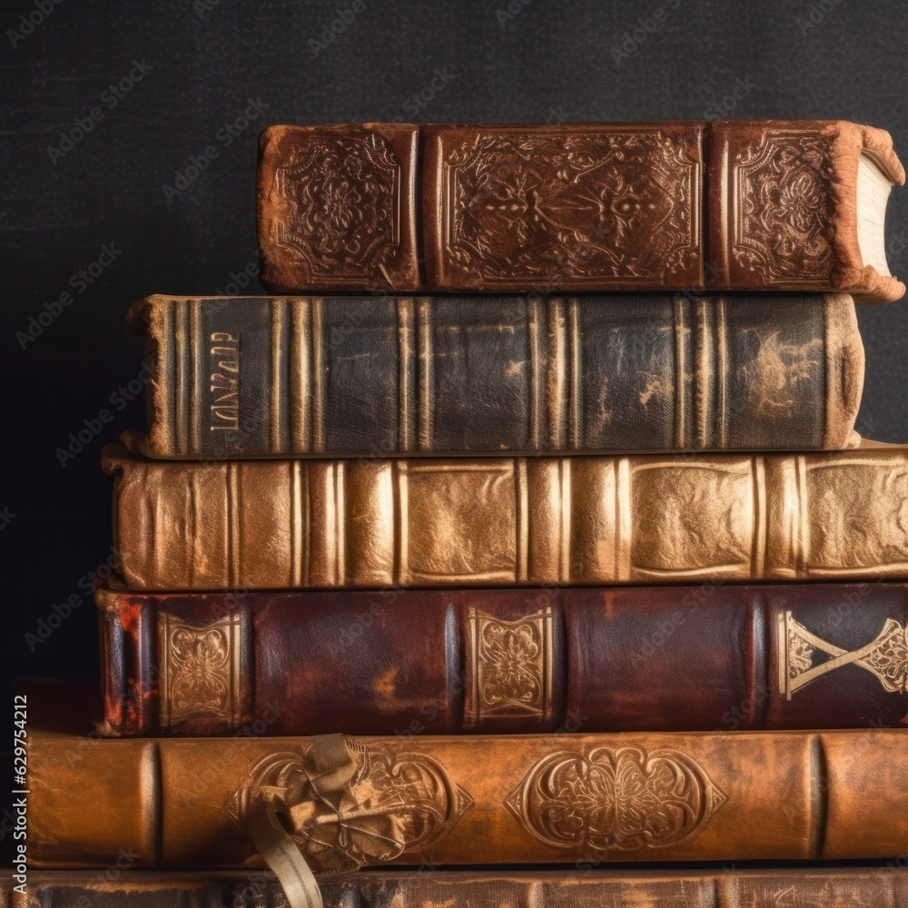 Lots of old leather-bound books in one stack on a dark background. Place for text. Design element, paper and leather texture. books close-up. education and training concept.Generative AI Lots of old leather-bound books in one stack on a dark background. Place for text. Design element, paper and leather texture. books close-up. education and training concept.Generative AI