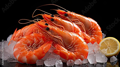 fresh shrimps on ice with lemon wedges, black background and blur photo