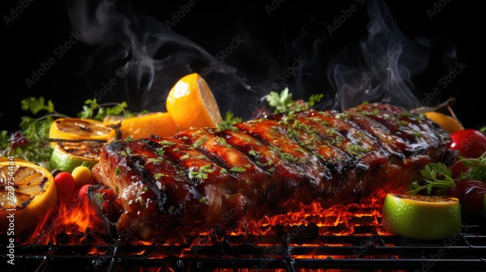 grilled barbeque with melted barbeque sauce and cut vegetables, blur background