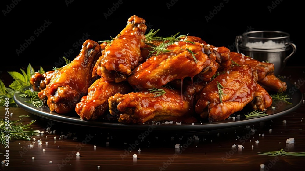 Fototapeta premium Buffalo wings with melted hot sauce on a wooden table with a blurred background