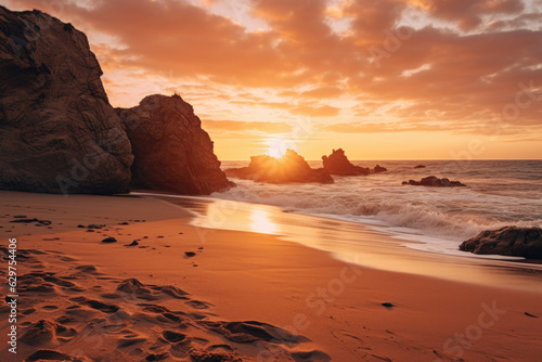 A beautiful beach at sunset, with a sandy shore and a large rock formation on the left side and the ocean on the right side with small waves crashing onto the shore