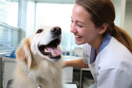 a beautiful female vet nurse doctor examining a cute happy golden retriever dog making medical tests in a veterinary clinic. animal pet health checkup. Generative AI