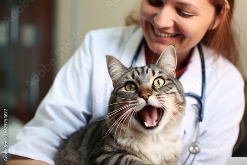 a beautiful female vet nurse doctor examining a cute happy cat making medical tests in a veterinary clinic. animal pet health checkup. Generative AI