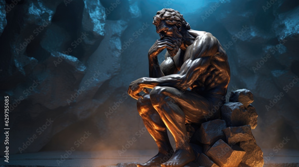 Thinker man 3D illustration. The Thinker Statue
