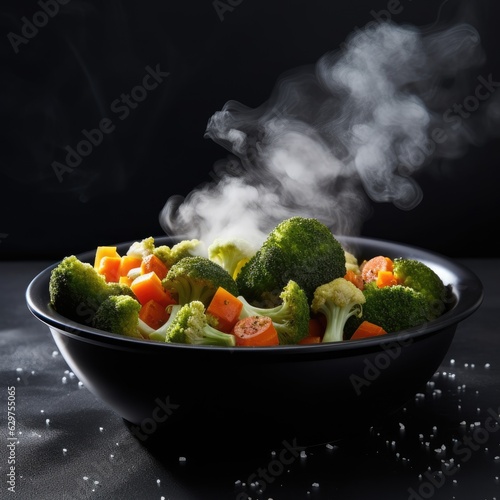 The steam from the vegetables carrot broccoli Cauliflo stir fried vegetables in pan
