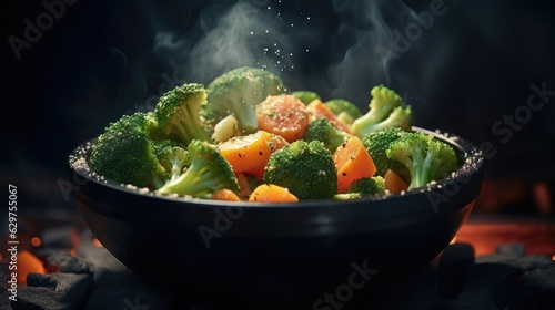 The steam from the vegetables carrot broccoli Cauliflo stir fried vegetables in pan
