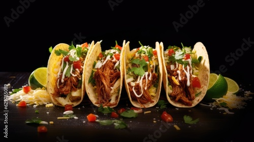 three mexican pork carnitas tacos flat lay composition