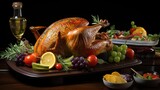 Grilled turkey with vegetables and fruits on a wooden table with a blurred background