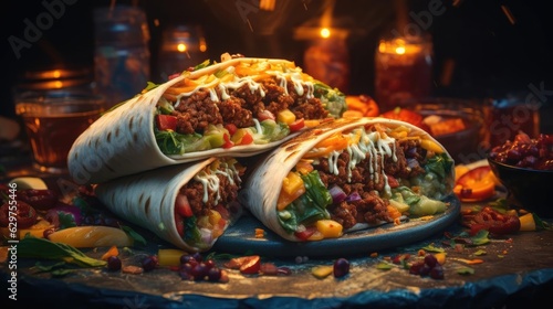 full of burritos with vegetables and meat on a wooden table with blurred background