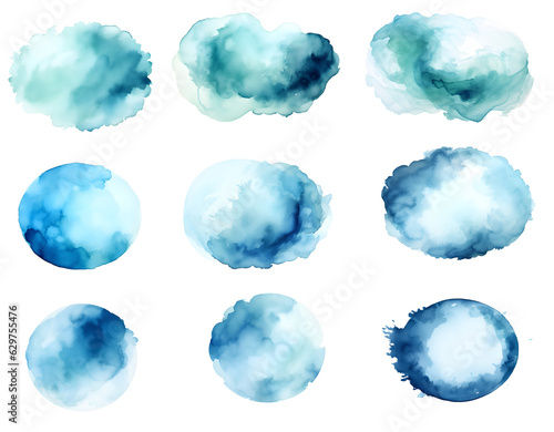 Set of abstract blue watercolor paint stroke background, watercolor brush strokes elements, isolated on white and transparent background, ai generate