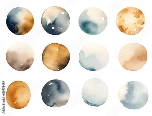 set of watercolor splashes brush strokes, navy blue, yellow, illustration and gold elements, isolated on white and transparent background, ai generate