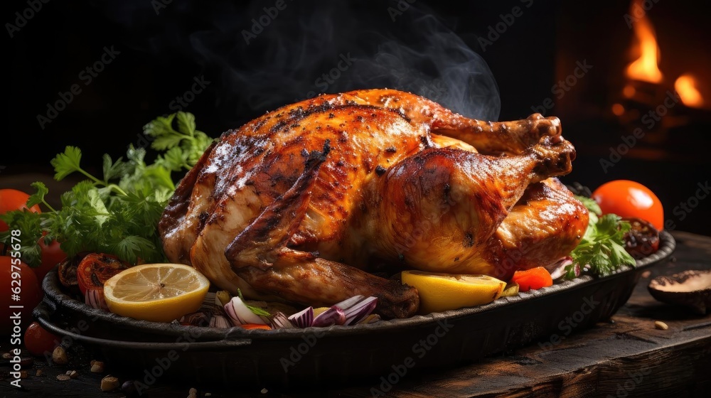 Grilled chicken full of herbs and vegetables on a blurred background Grilled chicken full of herbs and vegetables on a blurred background