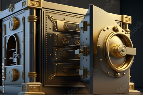 3D rendered safe deposit box in a bank vault housing money and gold. Generative AI