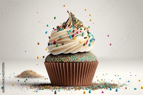 Cream-topped chocolate cupcakes with colorful sprinkles against white backdrop. Generative AI