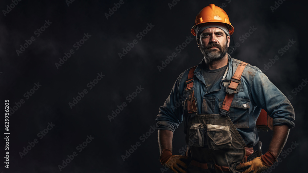 Portrait of a worker in work clothes and a helmet. It stands against a dark background. background with space for text Portrait of a worker in work clothes and a helmet. It stands against a dark background. background with space for text