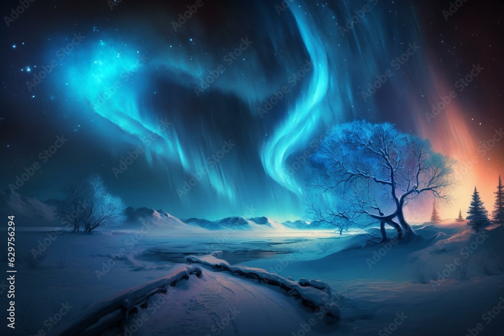 Winter landscape with beautiful blue aurora borealis lights dancing in the sky. Ample copy-space. Generative AI - obrazy, fototapety, plakaty 