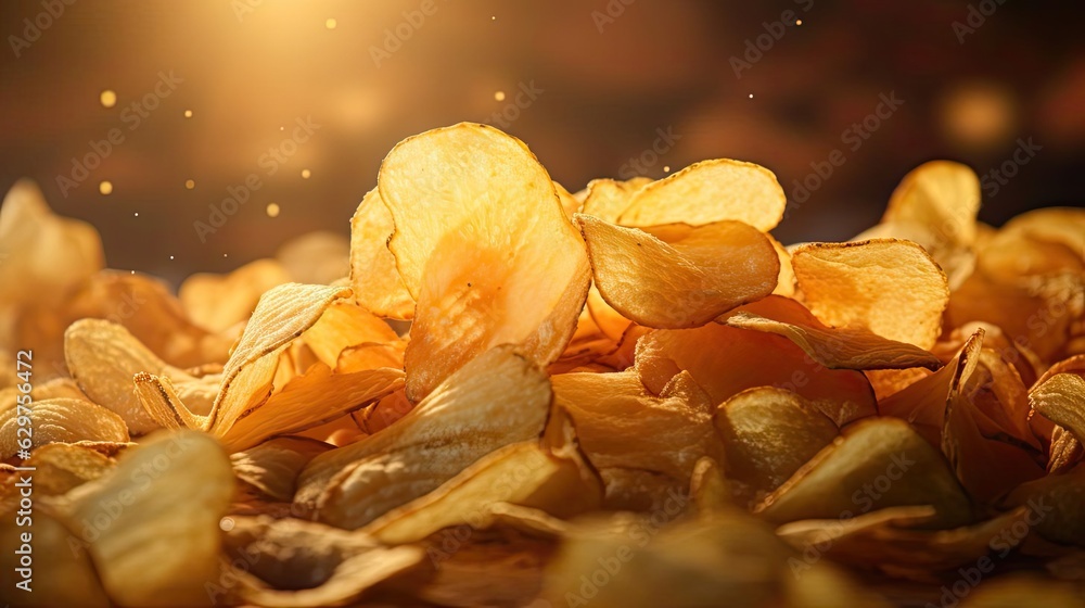 Potato Chips with a sprinkling of savory salty spices on a wooden table with a blurred background, Potato Chips with a sprinkling of savory salty spices on a wooden table with a blurred background,
