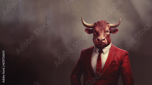 Elegantly dressed people in red suits with bull heads. on a uniform dark background