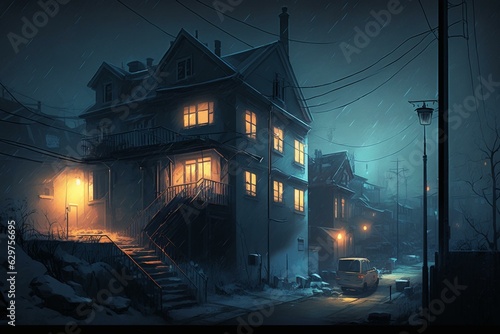 Eerie urban landscape at night. Cozy illuminated homes. Digital art. Generative AI