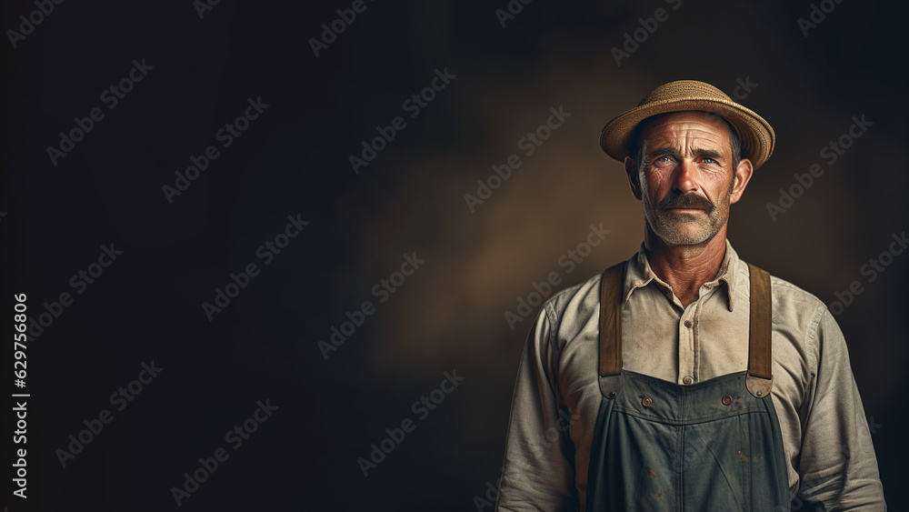 Portrait of a farmer in working clothes. Seamless dark background with space for text Portrait of a farmer in working clothes. Seamless dark background with space for text