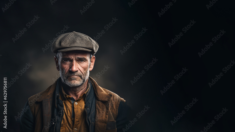 Portrait of a farmer in working clothes. Seamless dark background with space for text Portrait of a farmer in working clothes. Seamless dark background with space for text