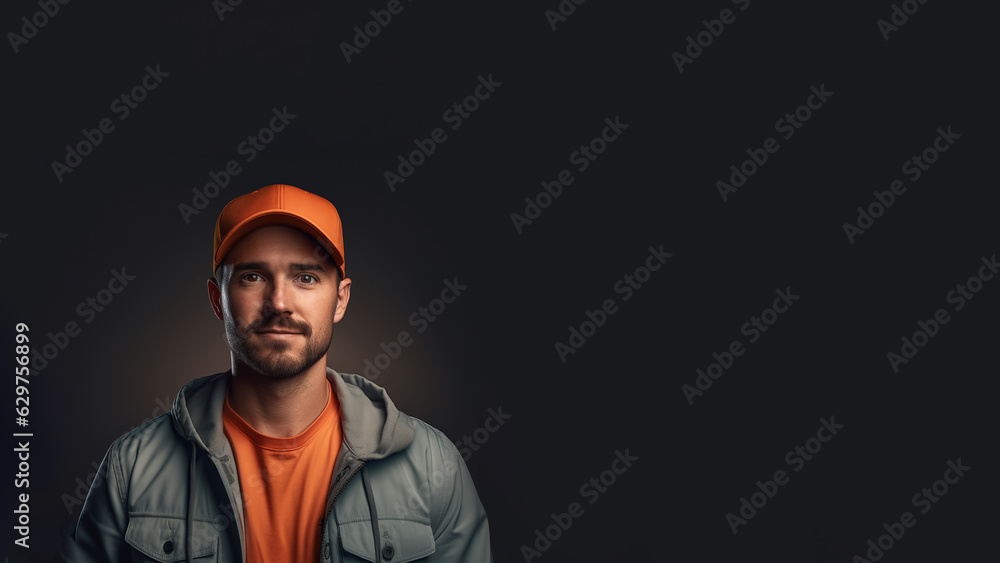 Portrait of a man in an orange peaked cap. He stands in the left part of the frame against a dark background. Place for an inscription Portrait of a man in an orange peaked cap. He stands in the left part of the frame against a dark background. Place for an inscription