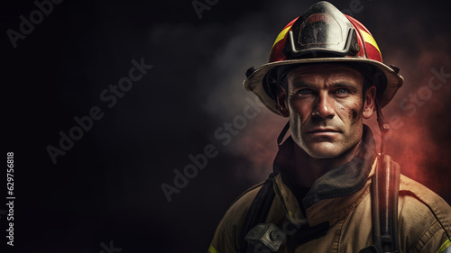 Portrait of a firefighter in uniform. A firefighter stands in the smoke and gentle fire. Black background with space for text © Kordiush