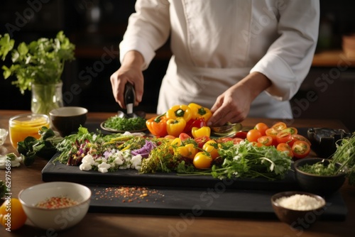 Photo of a person cutting vegetables on a wooden cutting board created with Generative AI technology