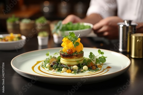 Fototapeta Naklejka Na Ścianę i Meble -  Photo of a delicious meal served on a pristine white plate on a table created with Generative AI technology