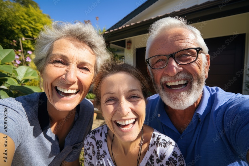 Grandfather and grandmother were happy to meet their granddaughter in front of their suburban home. Grandparents spend the weekend with the children. Grandfather and grandmother were happy to meet their granddaughter in front of their suburban home. Grandparents spend the weekend with the children.