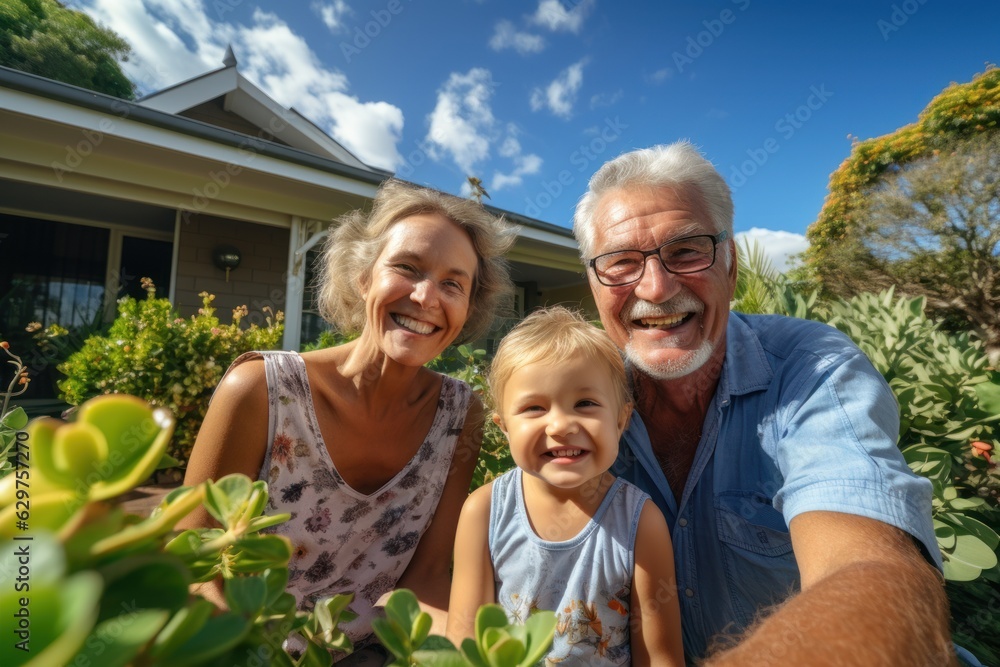 Grandfather and grandmother were happy to meet their granddaughter in front of their suburban home. Grandparents spend the weekend with the children.