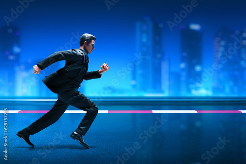 Business man running on night city 3d illustration