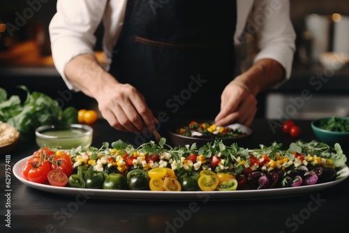Photo of a chef preparing a fresh and vibrant salad on a plate created with Generative AI technology