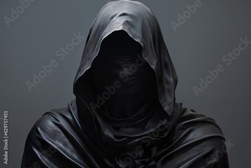 A hooded figure in black with a shadow