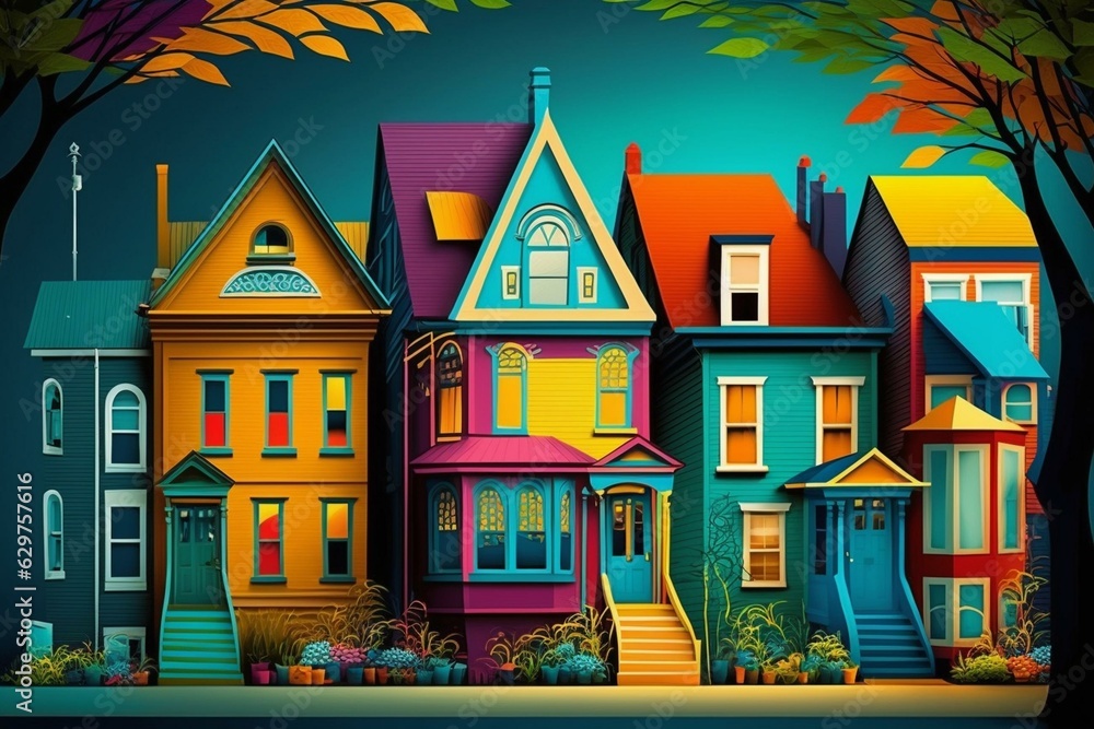 Houses in vibrant colors. Generative AI