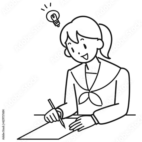 笑顔でテストを受ける女子高生のイラスト