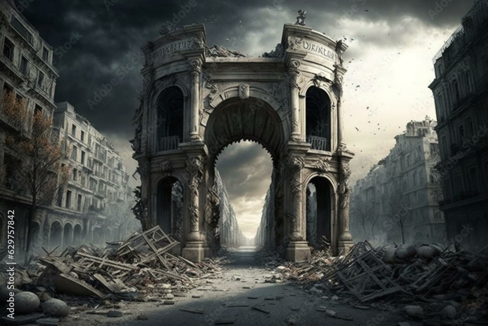 A devastated Paris after war; remnants of apocalyptic ruins. Generative AI