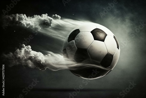 A flying soccer ball on the football pitch. Generative AI © Thomas
