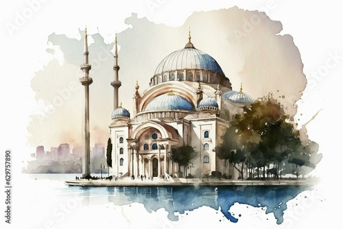 Watercolor illustration of Ortakoy Mosque in Istanbul, isolated on white. Generative AI