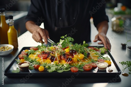 Photo of a person preparing a healthy salad on a tray created with Generative AI technology