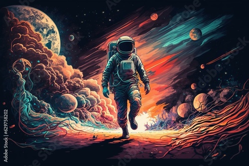 A cosmonaut is strolling across a trippy backdrop. Generative AI